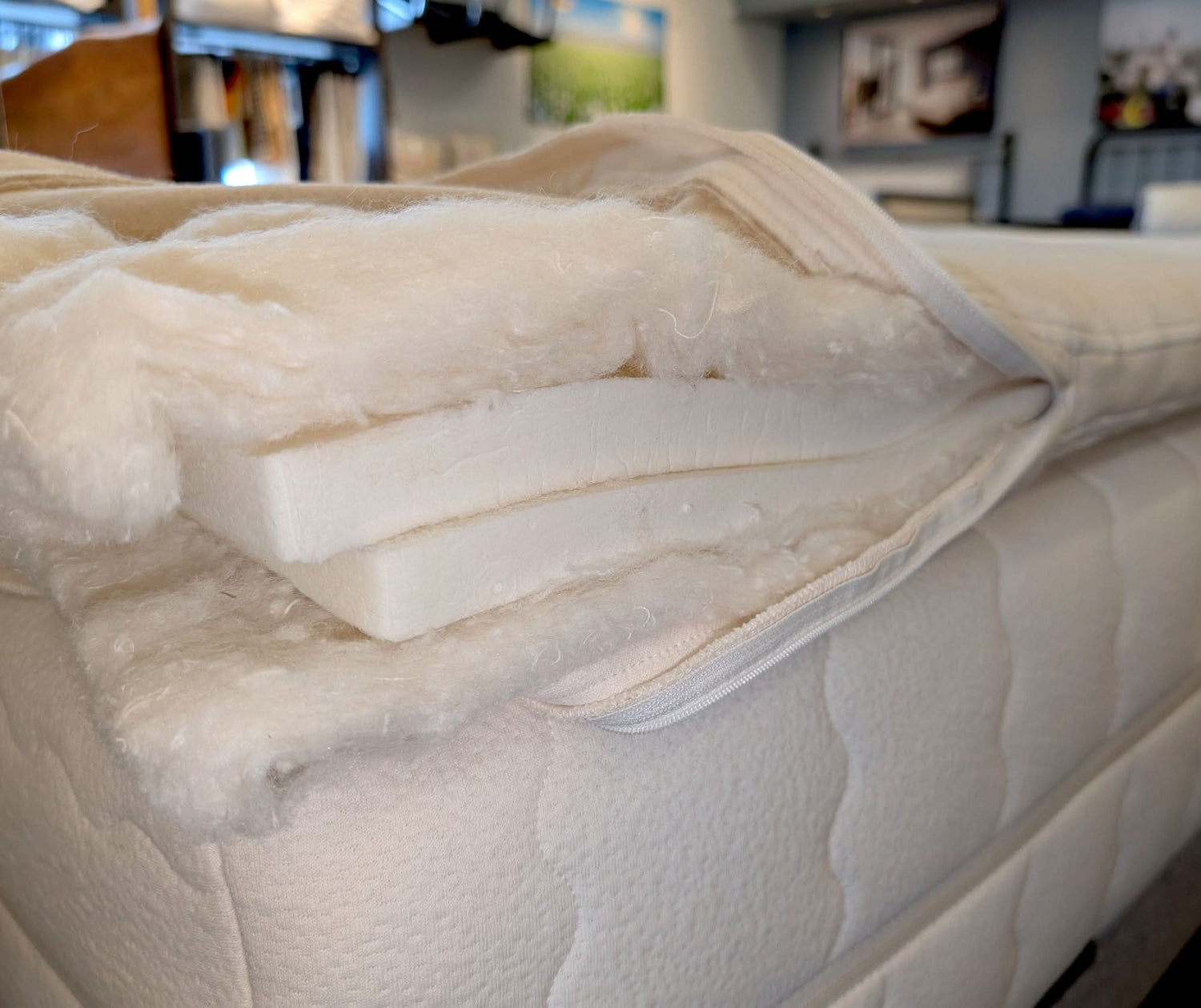 The wool layers in our organic mattress topper are needle punched and quilted to the organic cotton knit cover