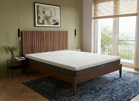 Made in Calgary, our Paradigm hybrid mattress is comfortable, durable, supportive and affordable. Background is AI imagined.