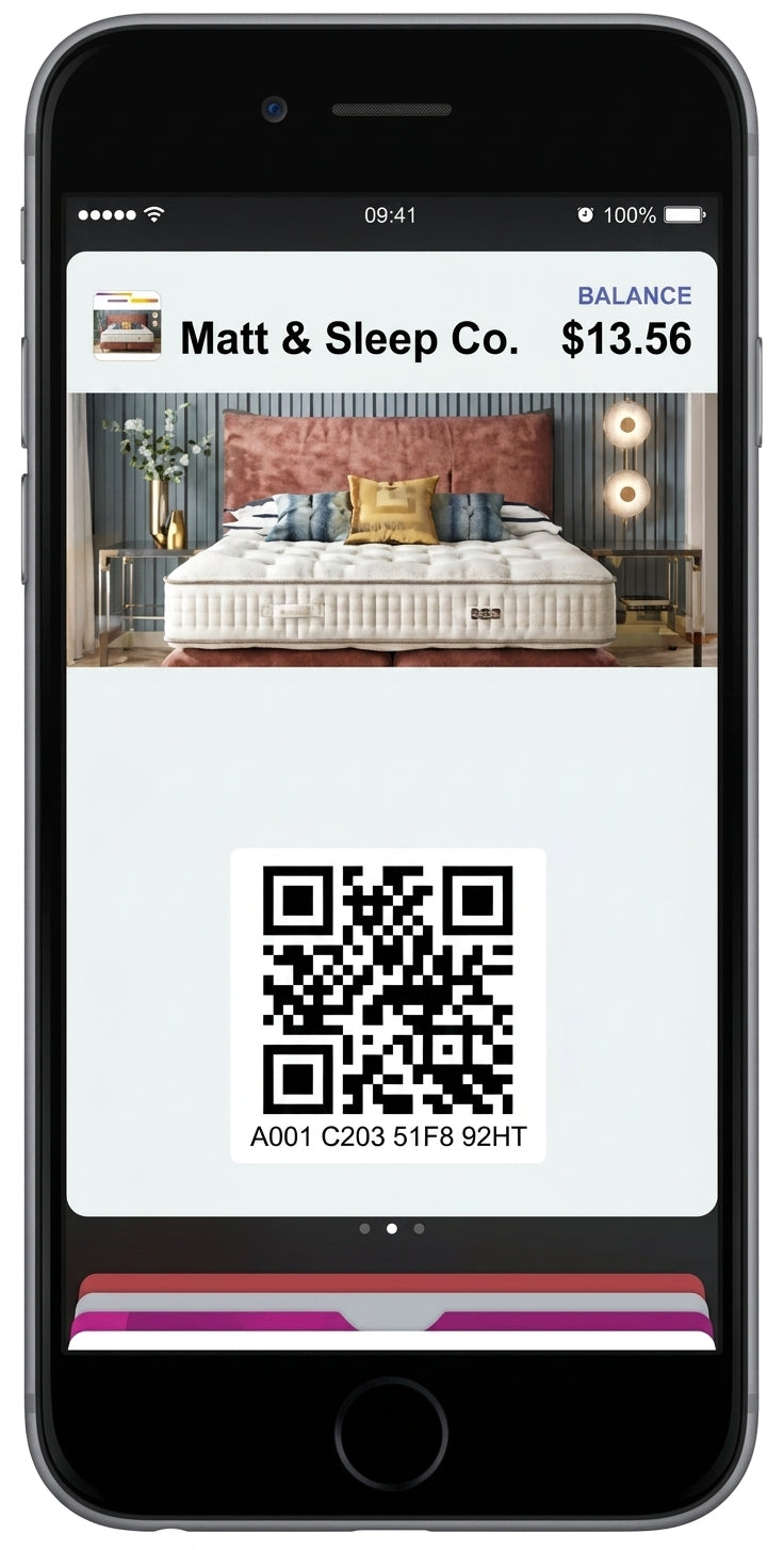 Mattress & Sleep Co. Gift Cards! An example Apple Pay Wallet pass is shown here