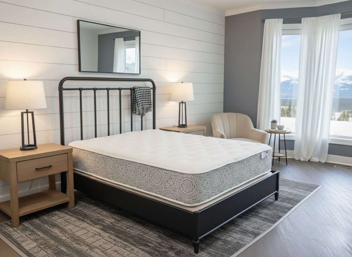 Spring Air Cora two-sided mattress with Wesley Allen Braden bed and Brun de Vian-Tiran Camargue throw blanket Background is AI generated