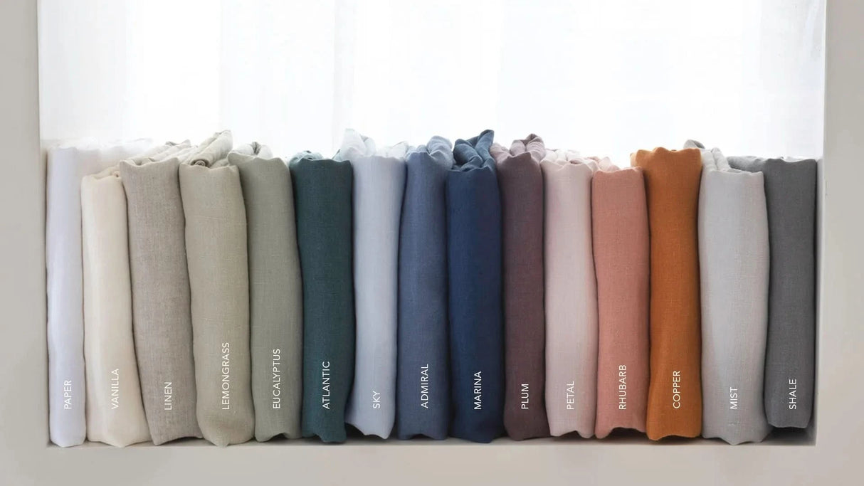 St Genève Echo Linen, left-to-right: Paper, Vanilla, Linen, Lemongrass, Eucalyptus, Atlantic, Sky, Admiral, Marina, Plum, Petal, Rhubarb, Copper, Mist and Shale
