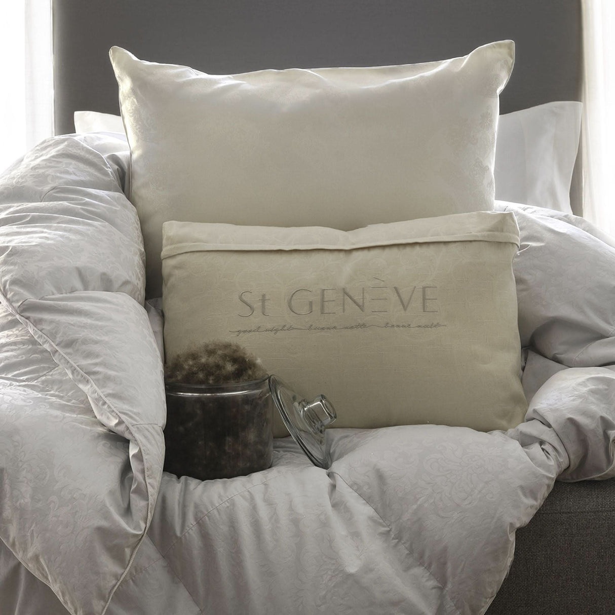 St Genève Eider Luxe pillows are uniquely constructed with a zippered outer Eiderdown envelope and a 1,000 loft Goose Down core for incredible support