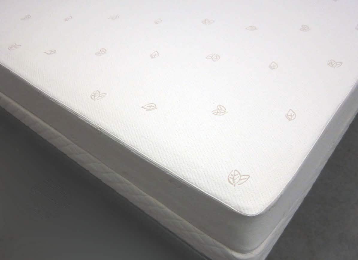 Mattress protector overtop a mattress.