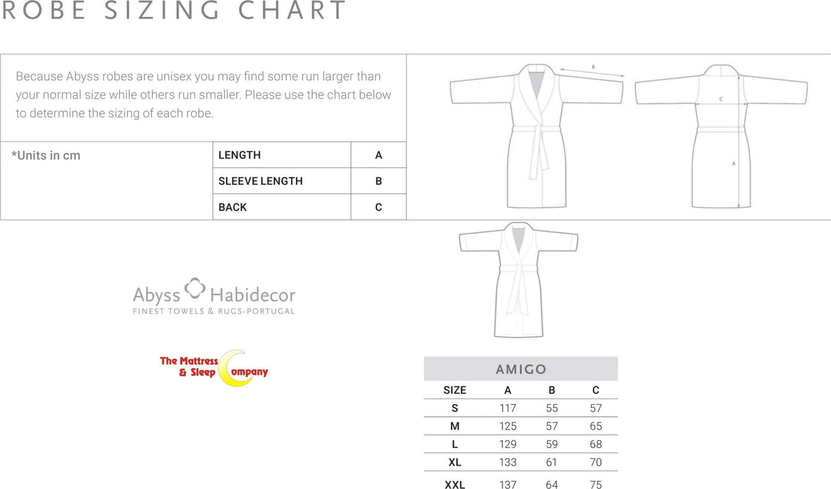 Abyss & Habidecor Amigo Robe sizing chart