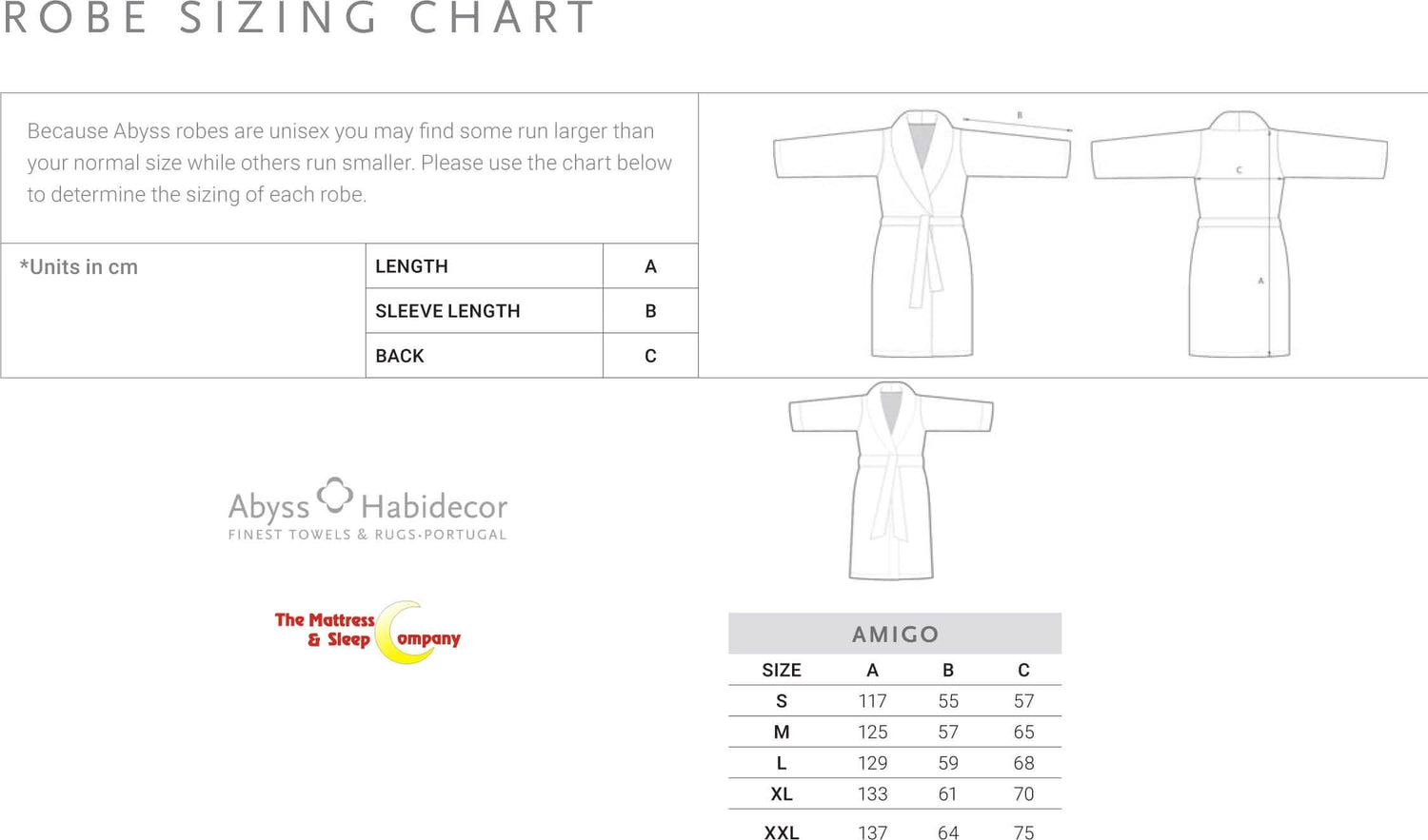 Abyss & Habidecor Amigo Robe sizing chart