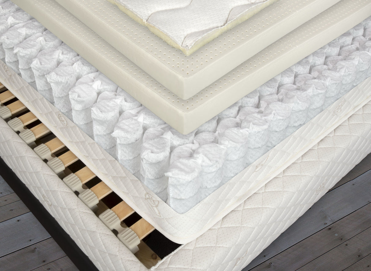 Organic knit cotton, pure French wool, two 2" layers of 100% natural Vita Talalay latex and innovative bi-level honeycomb nested pocket springs make up our Dublin Hybrid mattress by Berkeley Ergonomics