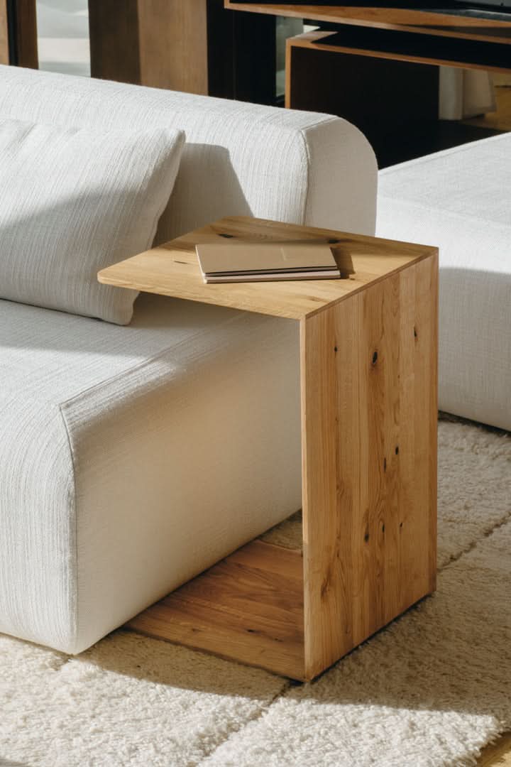 TEAM 7 clip side table in wild natural oak. photo: TEAM 7 - Available in Canada at The Mattress & Sleep Co.