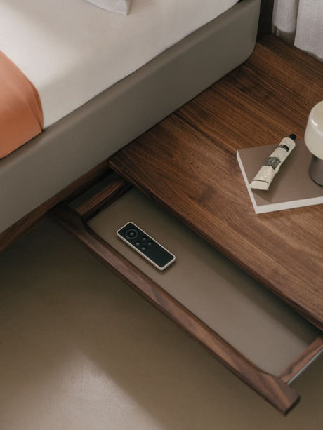 TEAM 7 riletto bed in walnut and light grey leather. photo: TEAM 7 - Available in Canada at The Mattress & Sleep Co.
