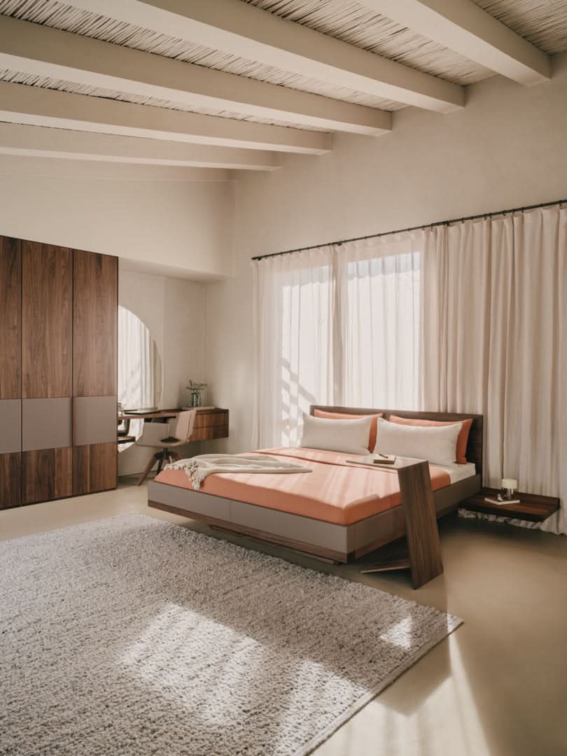 TEAM 7 riletto bed in walnut and light grey leather w/ valore wardrobe + sidekick table. photo: TEAM 7 - Available in Canada at The Mattress & Sleep Co.