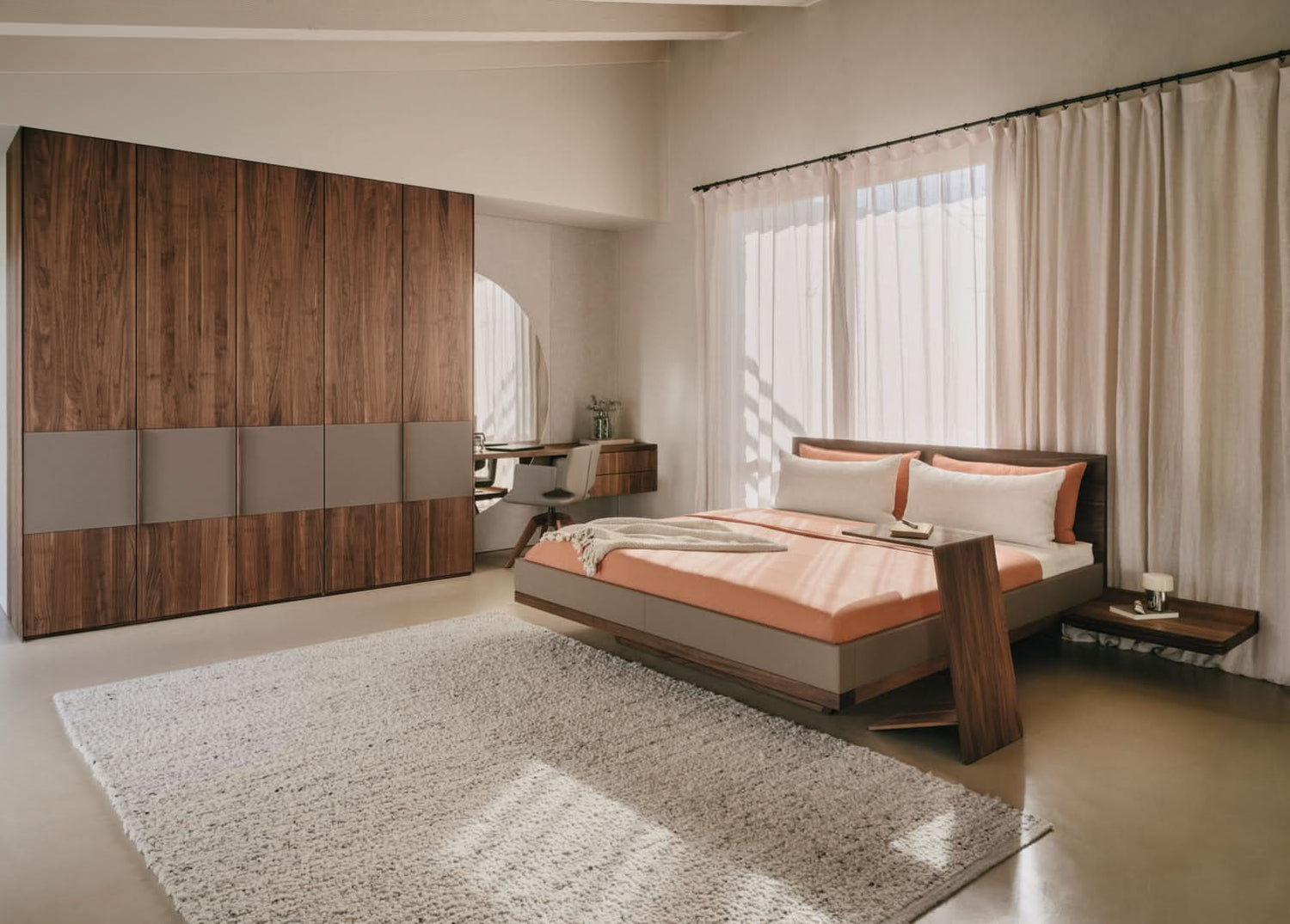 TEAM 7 riletto bed in walnut and light grey leather w/ valore wardrobe + sidekick table. photo: TEAM 7 - Available in Canada at The Mattress & Sleep Co.