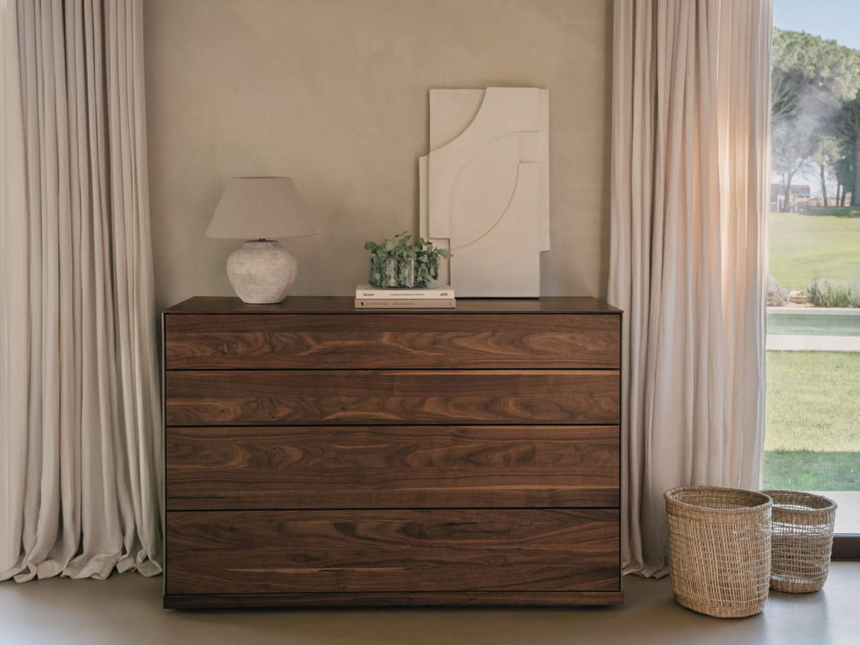 TEAM 7 riletto occasional furniture in walnut and light grey leather. photo: TEAM 7 - Available in Canada at The Mattress & Sleep Co.