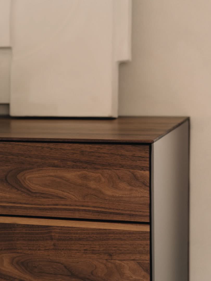 TEAM 7 riletto occasional furniture in walnut and light grey leather. photo: TEAM 7 - Available in Canada at The Mattress & Sleep Co.