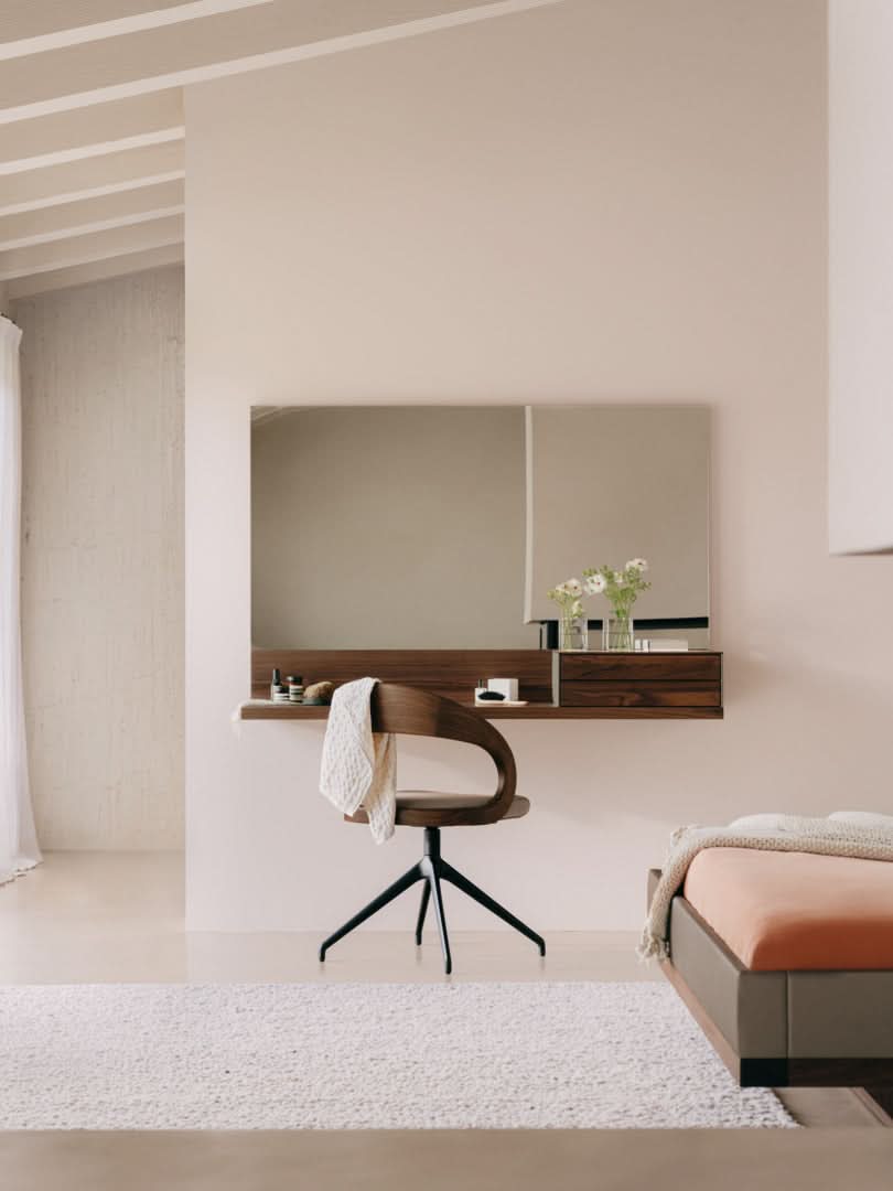 TEAM 7 riletto occasional furniture in walnut and light grey leather. photo: TEAM 7 - Available in Canada at The Mattress & Sleep Co.