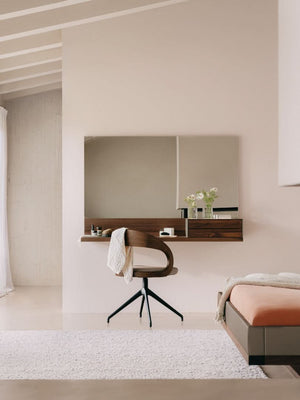 TEAM 7 riletto occasional furniture in walnut and light grey leather. photo: TEAM 7 - Available in Canada at The Mattress & Sleep Co.