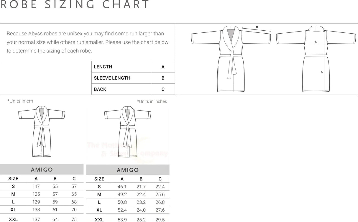 Abyss Amigo Robe unisex sizing chart in metric and imperial dimensions