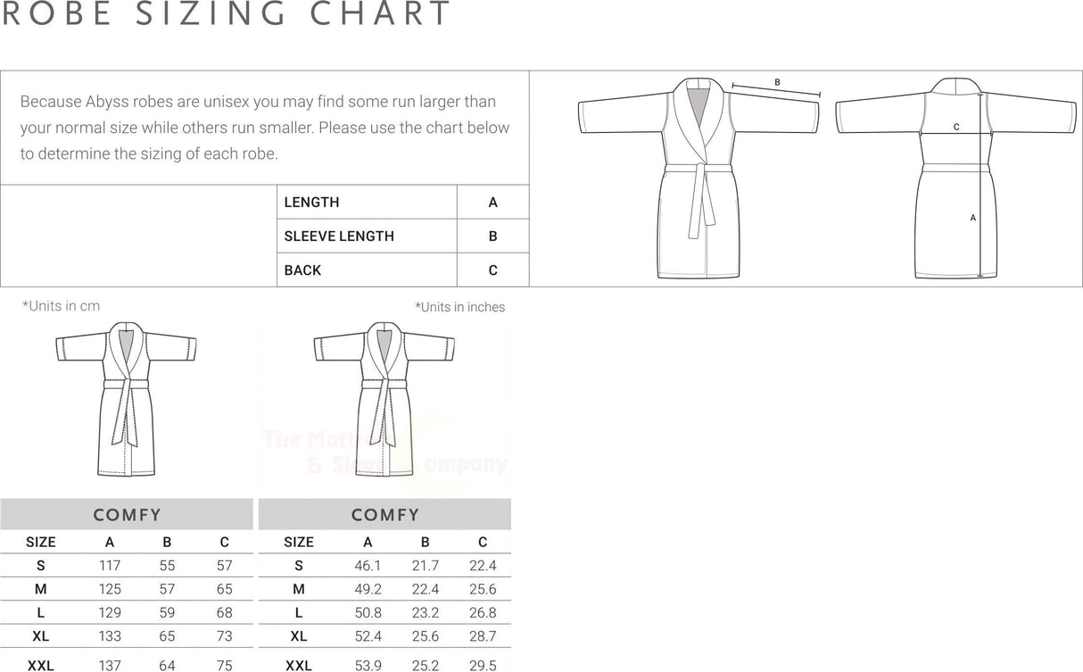 Abyss Comfy Robe unisex sizing chart in metric and imperial dimensions