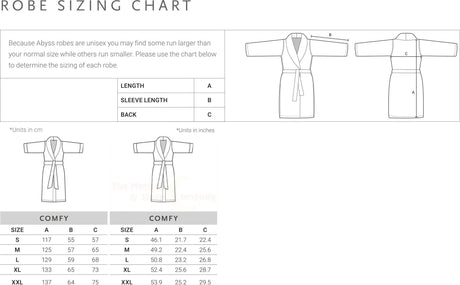 Abyss Comfy Robe unisex sizing chart in metric and imperial dimensions