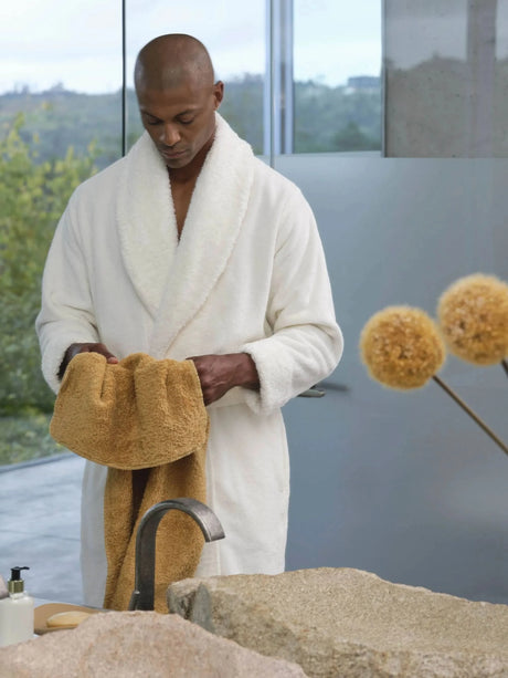 A&H Comfy Robe in 100 White - Quick Ship in this colour in most sizes. A&H Super Pile Hair Towel in 840 Gold