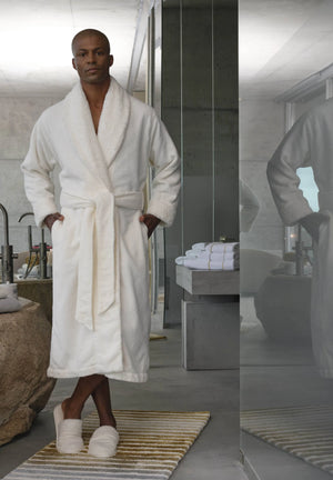 A&H Comfy Robe in 100 White - Quick Ship in this colour in most sizes. Also shown: A&H Comfy Slippers + Barns Rug