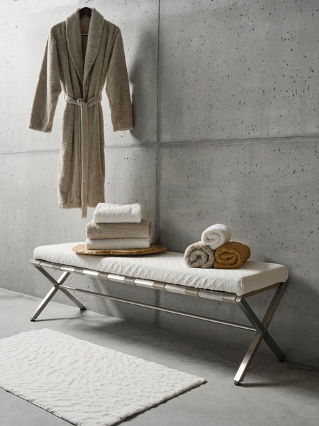 A&H Flow Bath Rug in 103 Ivory, two sizes available. Super Pile Robe in 770 Linen