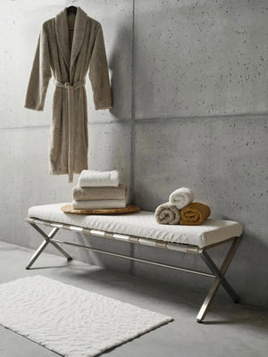 A&H Flow Bath Rug in 103 Ivory, two sizes available. Super Pile Robe in 770 Linen