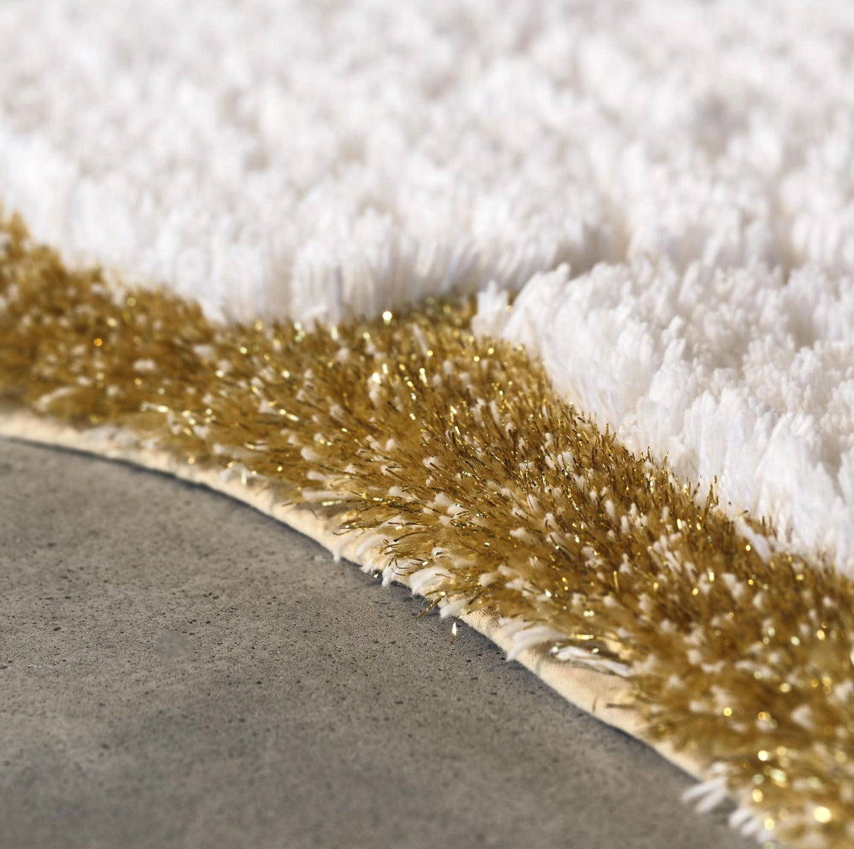 A&H Jess Bath Rug in 800 Gold. 100 White plush pile + lurex (shimmer) gold trim