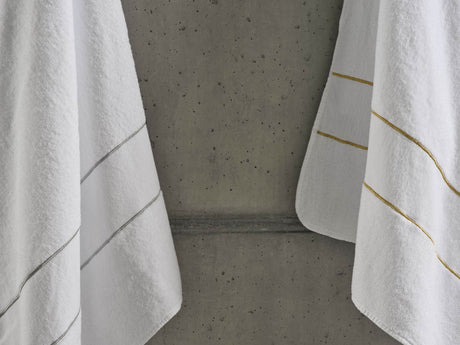 A&H Lara Embroidered Towels. Left: 109 Silver, Right: 108 Gold. The base towel colour is always 100 White