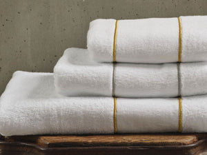 A&H Lara Embroidered Towels, top-to-bottom: 108 Gold Hand Towel, 109 Silver Hair Towel, 108 Gold Bath Towel