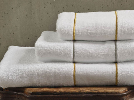 A&H Lara Embroidered Towels, top-to-bottom: 108 Gold Hand Towel, 109 Silver Hair Towel, 108 Gold Bath Towel
