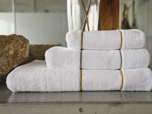 A&H Lara Embroidered Towels, top-to-bottom: 108 Gold Hand Towel, 109 Silver Hair Towel, 108 Gold Bath Towel