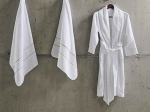A&H Lara Embroidered Towels. Left: 109 Silver, Right: 108 Gold. A&H Amigo Robe in 100 White