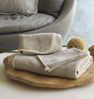 A&H Lino Towels are two-tone, reversible in 101 Ecru and 770 Linen. Top: Hand towel. Middle, Wash Mitt. bottom: Bath Towel