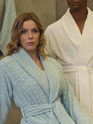 A&H Lodge Robes. She's wearing 235 Ice, and he's wearing 103 Ivory