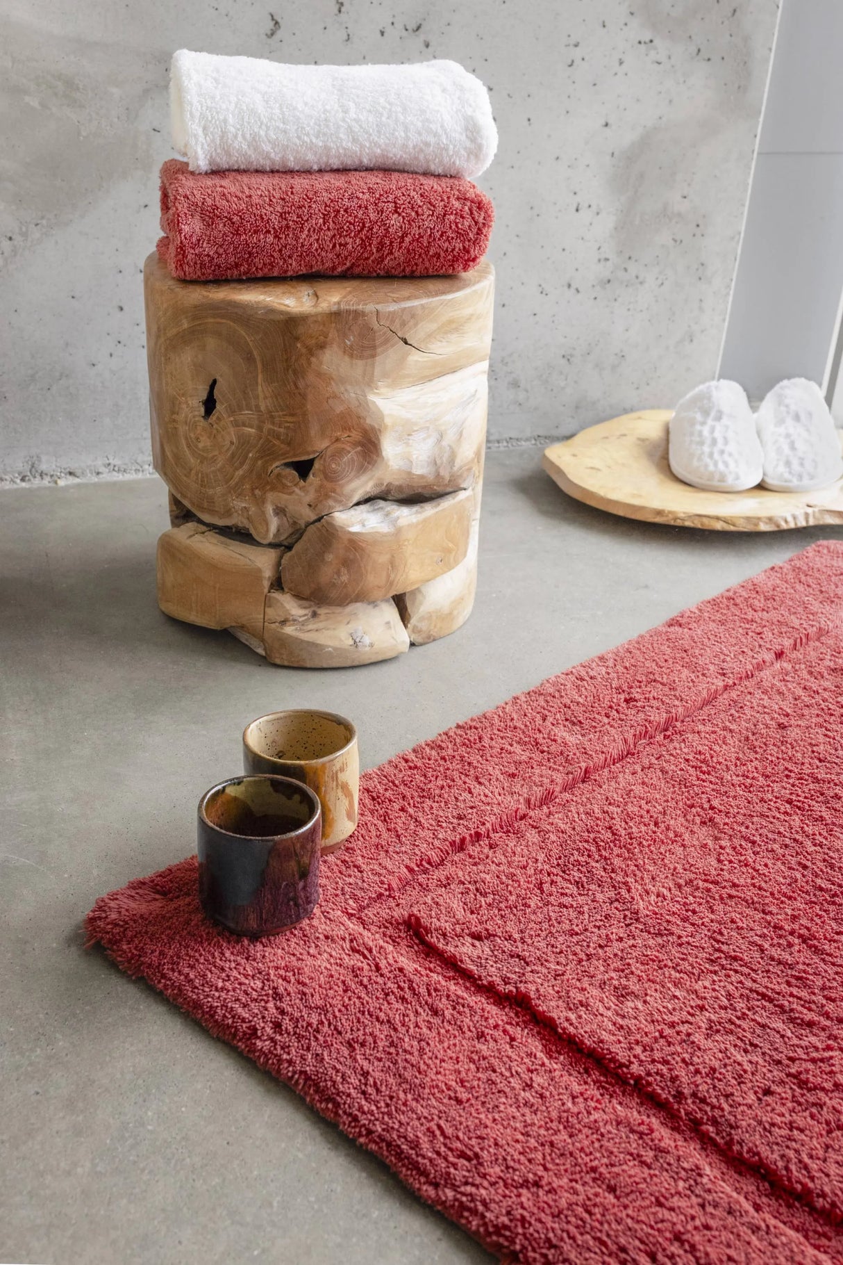 A&H Must Rug in 638 Chili. A&H Super Pile Towels in 103 Ivory & 638 Chili. A&H Lodge Slippers in 103 Ivory