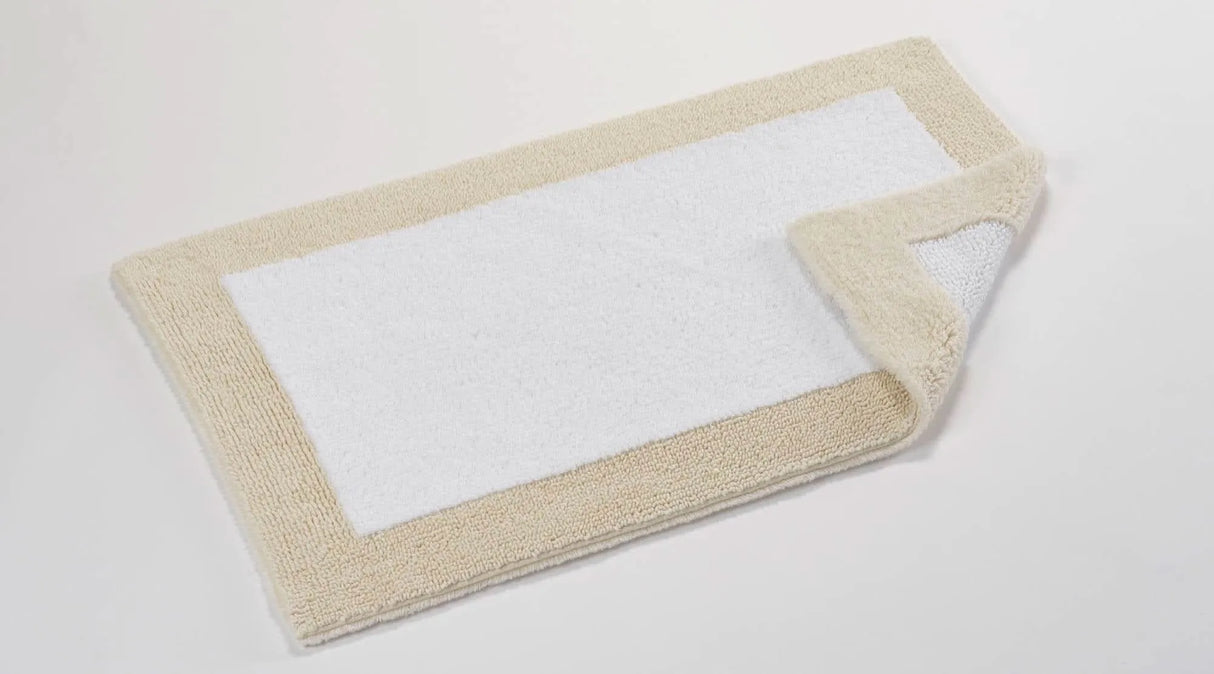 A&H Origine Reversible Bath Rug in 101 Ecru (Border) and 100 White (Inset). 100% Giza Egyptian Cotton Long Staple