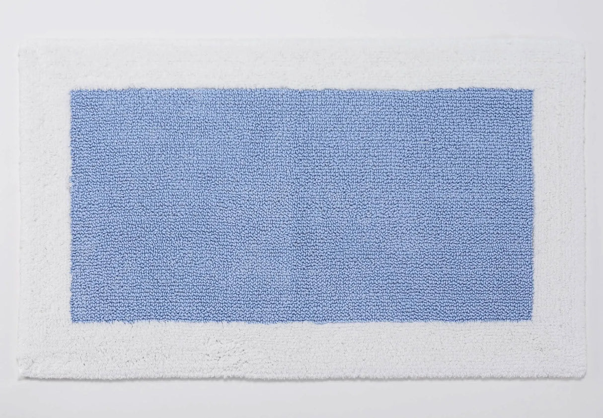 A&H Origine Reversible Bath Rug in 330 Powder Blue (Inset) and 100 White (Border). 100% Giza Egyptian Cotton Long Staple