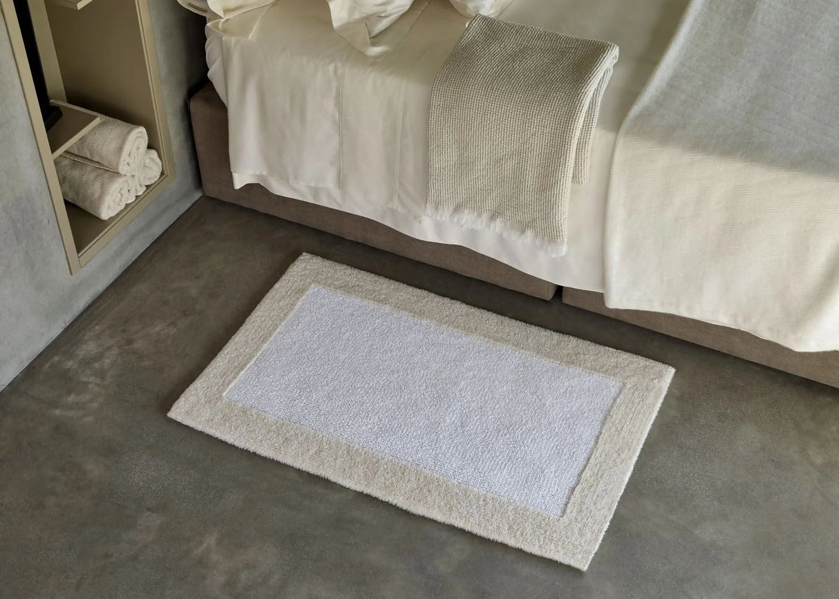 A&H Origine Reversible Bath Rug in 101 Ecru (Border) and 100 White (Inset). 100% Giza Egyptian Cotton Long Staple