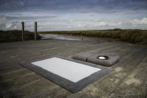 A&H Origine Reversible Bath Rug in 920 Gris (border) and 992 Platinum (Inset). 100% Giza Egyptian Cotton Long Staple