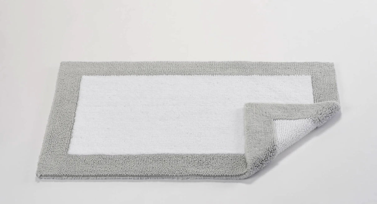 A&H Origine Reversible Bath Rug in 992 Platinum (Border) and 100 White (Inset). 100% Giza Egyptian Cotton Long Staple