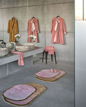 A&H Palacio Towels in 515 Rosette w/ Gold embroidery. A&H Palacio Robe and A&H Super Pile Robe. Boudoir Bath Rugs + Palacio Slippers