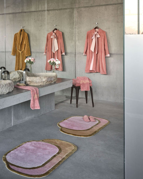 A&H Palacio Towels in 515 Rosette w/ Gold embroidery. A&H Palacio Robe and A&H Super Pile Robe. Boudoir Bath Rugs + Palacio Slippers