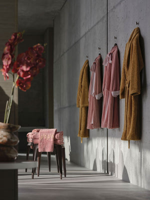 A&H Palacio Towels in 515 Rosette w/ Gold embroidery. Robes: A&H Palacio middle pair, 515 Rosette) and A&H Super Pile (outside pair, 840 Gold)