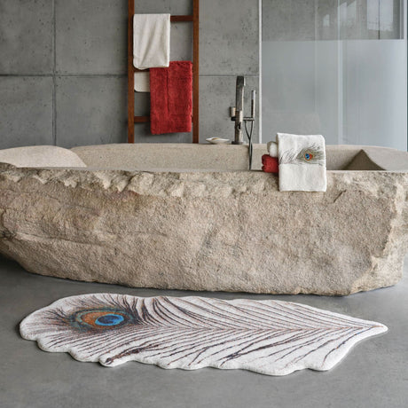 A&H Paleo Embroidered Hand Towel, A&H Must Bath Rug in 638 Chili (hanging). A&H Paon Rug (floor)