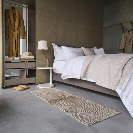 A&H Petal Bath Rug in 770 Linen. A&H Olly Towels in 103 Ivory & 840 Gold. A&H Super Pile Robe & Slippers in 840 Gold