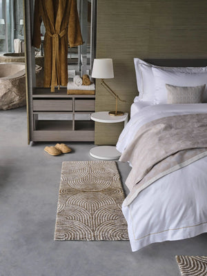 A&H Petal Bath Rug in 770 Linen. A&H Olly Towels in 103 Ivory & 840 Gold. A&H Super Pile Robe & Slippers in 840 Gold