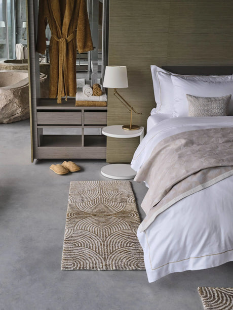 A&H Petal Bath Rug in 770 Linen. A&H Olly Towels in 103 Ivory & 840 Gold. A&H Super Pile Robe & Slippers in 840 Gold