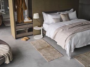 A&H Petal Bath Rug in 770 Linen. A&H Olly Towels in 103 Ivory & 840 Gold. A&H Super Pile Robe & Slippers in 840 Gold