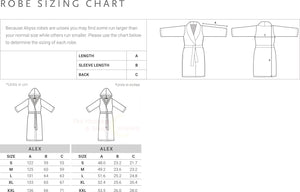 Abyss Alex Robe unisex sizing chart in metric and imperial dimensions