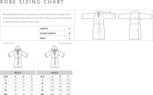 Abyss Bees Robe unisex sizing chart in metric and imperial dimensions