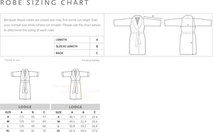 Abyss Lodge Robe unisex sizing chart in metric and imperial dimensions
